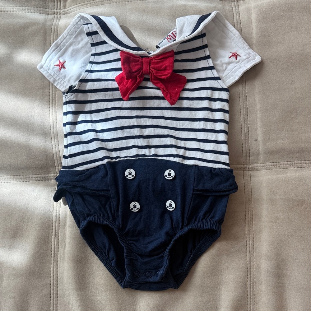 July 4th Sailor Stripe Navy & White 18month One-Piece with Red Bow